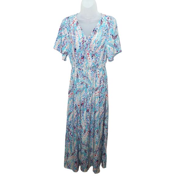 Women's Short Sleeve V Neck Maxi Multi Color Floral Dress Size M New with tags - Picture 1 of 15